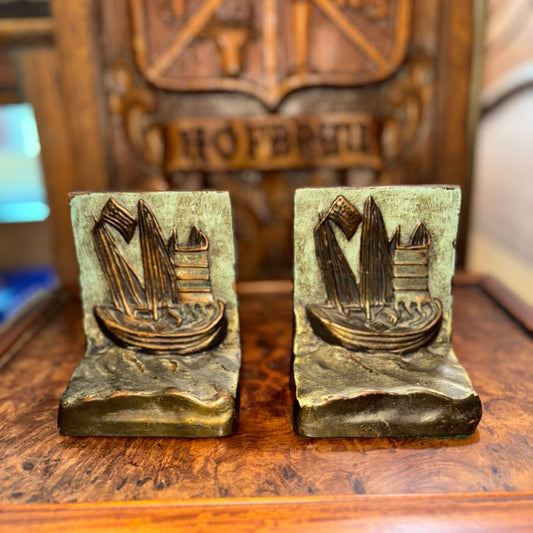 Antique Chinese Ship Amoy 1920s Pompeian Bronze Bookends