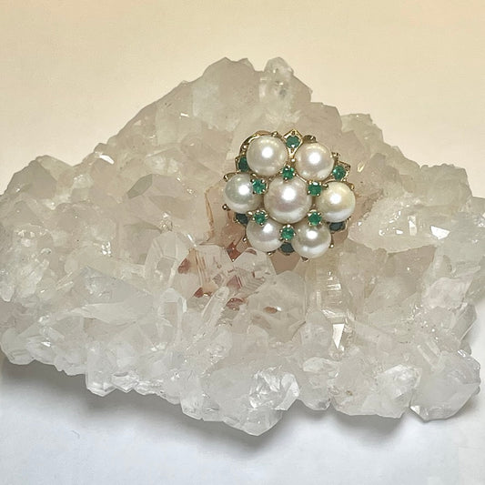 Pearl and Emerald Flower Ring - Size 6.25