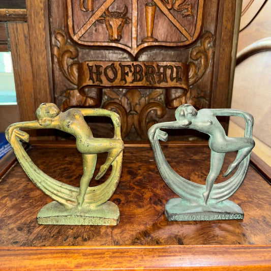 Antique Art Deco 1920s Nude Flapper on Tiptoes Bookends - Joe Wagner Realty Co 1924
