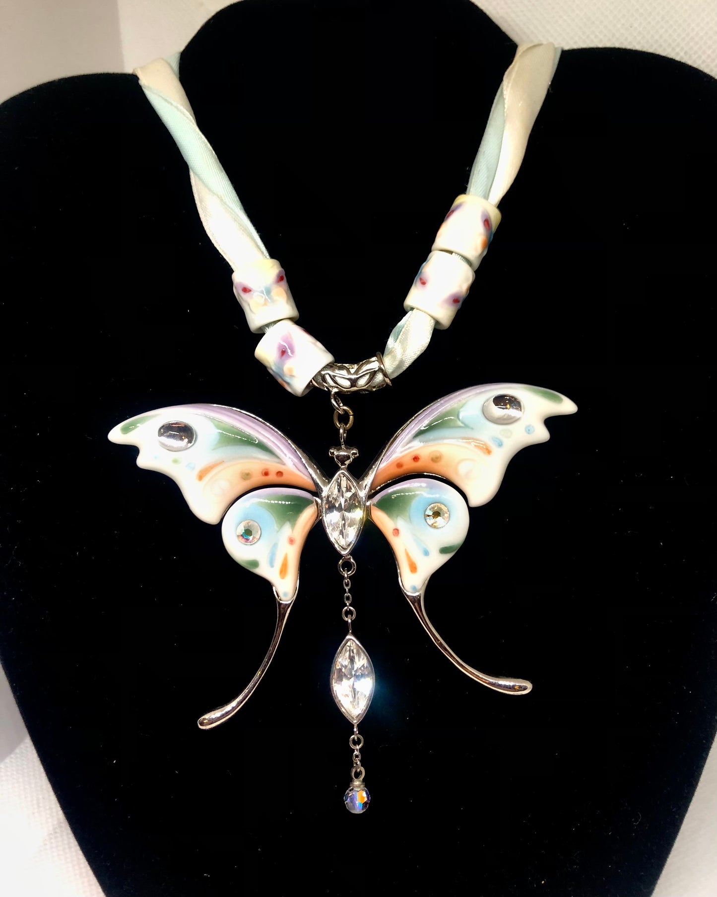 Butterfly Multicolor Necklace with Porcelain Beads and Ribbon