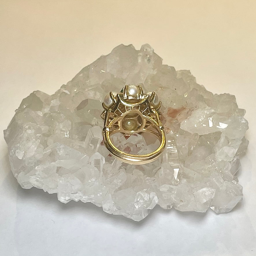 Pearl and Emerald Flower Ring - Size 6.25