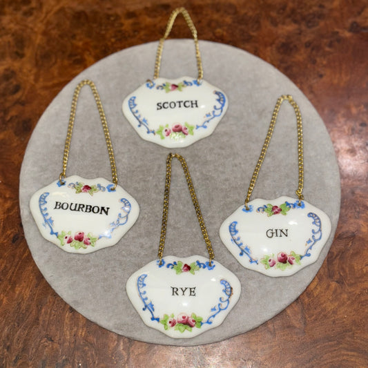 Vintage Coalport Hand Painted Porcelain Liquor Decanter Tags (4 in one set) - Made in Japan