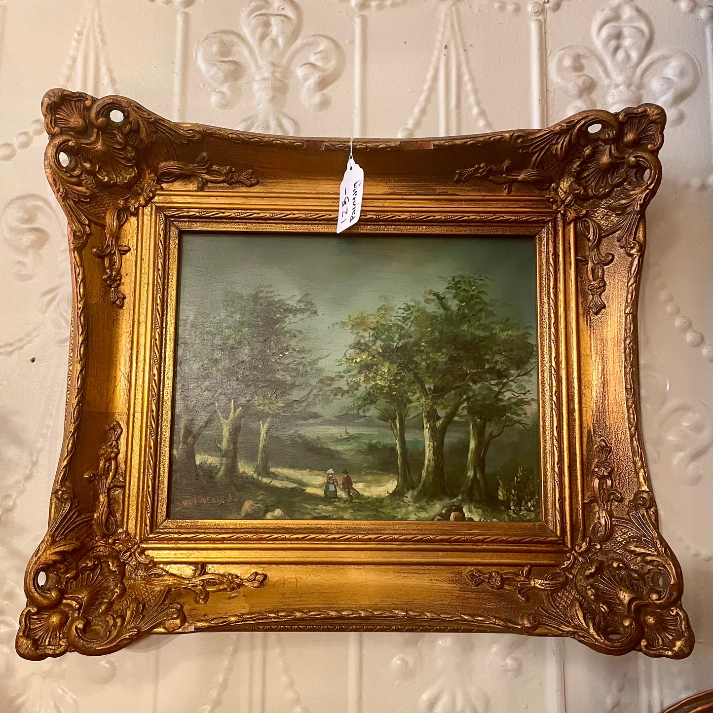 19th Century Forest Oil Painting in Gold Frame (Store Pickup Only)