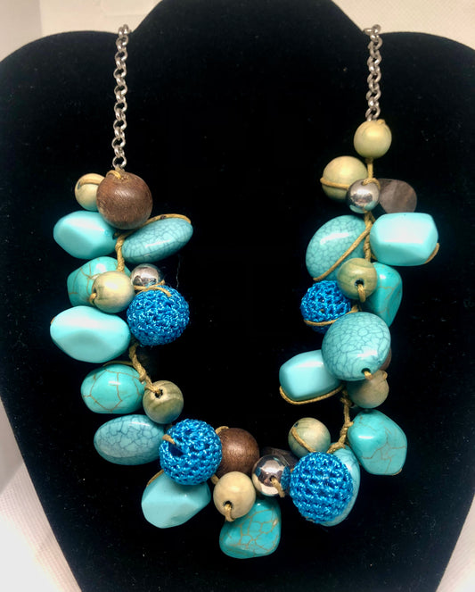 Turquoise, Wood, and Thread Beaded Necklace with Silver Chain