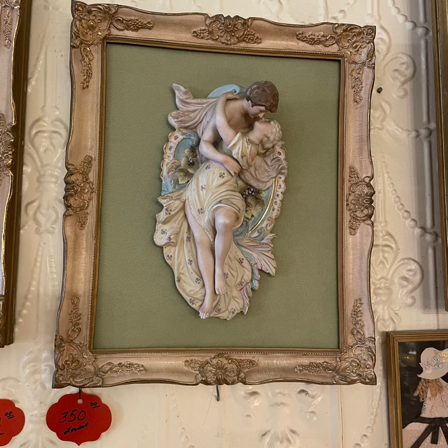 Antique Victorian Bisque Lovers Porcelain Figural Gold Wood Frame (Store Pickup Only)