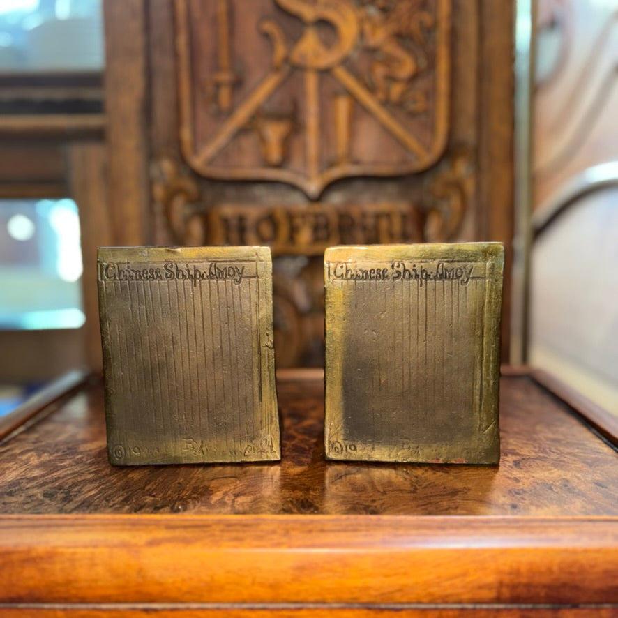 Antique Chinese Ship Amoy 1920s Pompeian Bronze Bookends