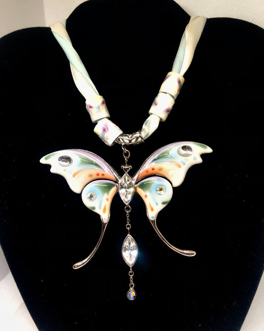 Butterfly Multicolor Necklace with Porcelain Beads and Ribbon