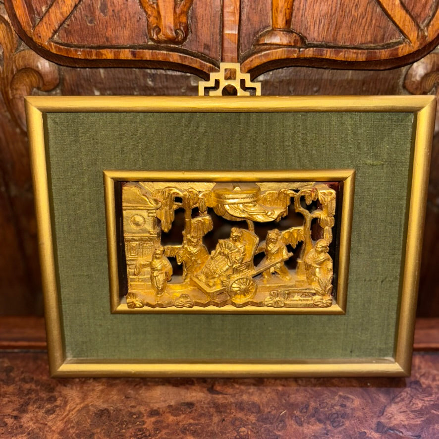 Antique Chinese 3D Gold Gilt Hand Carved Wood Panel