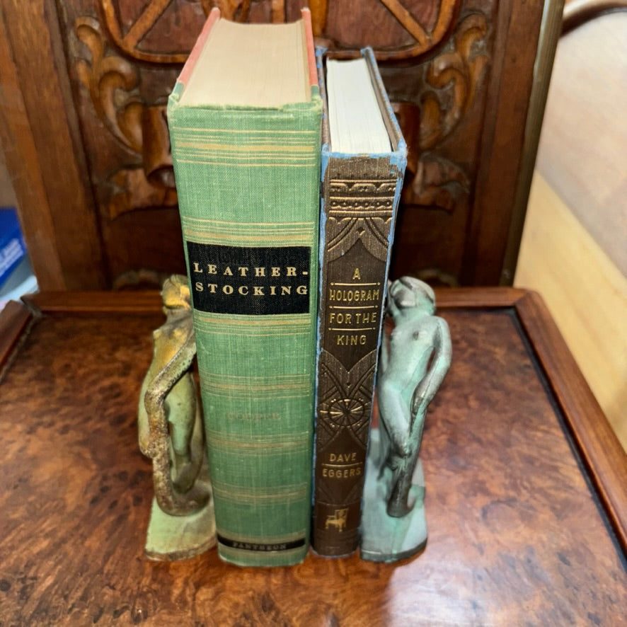 Antique Art Deco 1920s Nude Flapper on Tiptoes Bookends - Joe Wagner Realty Co 1924