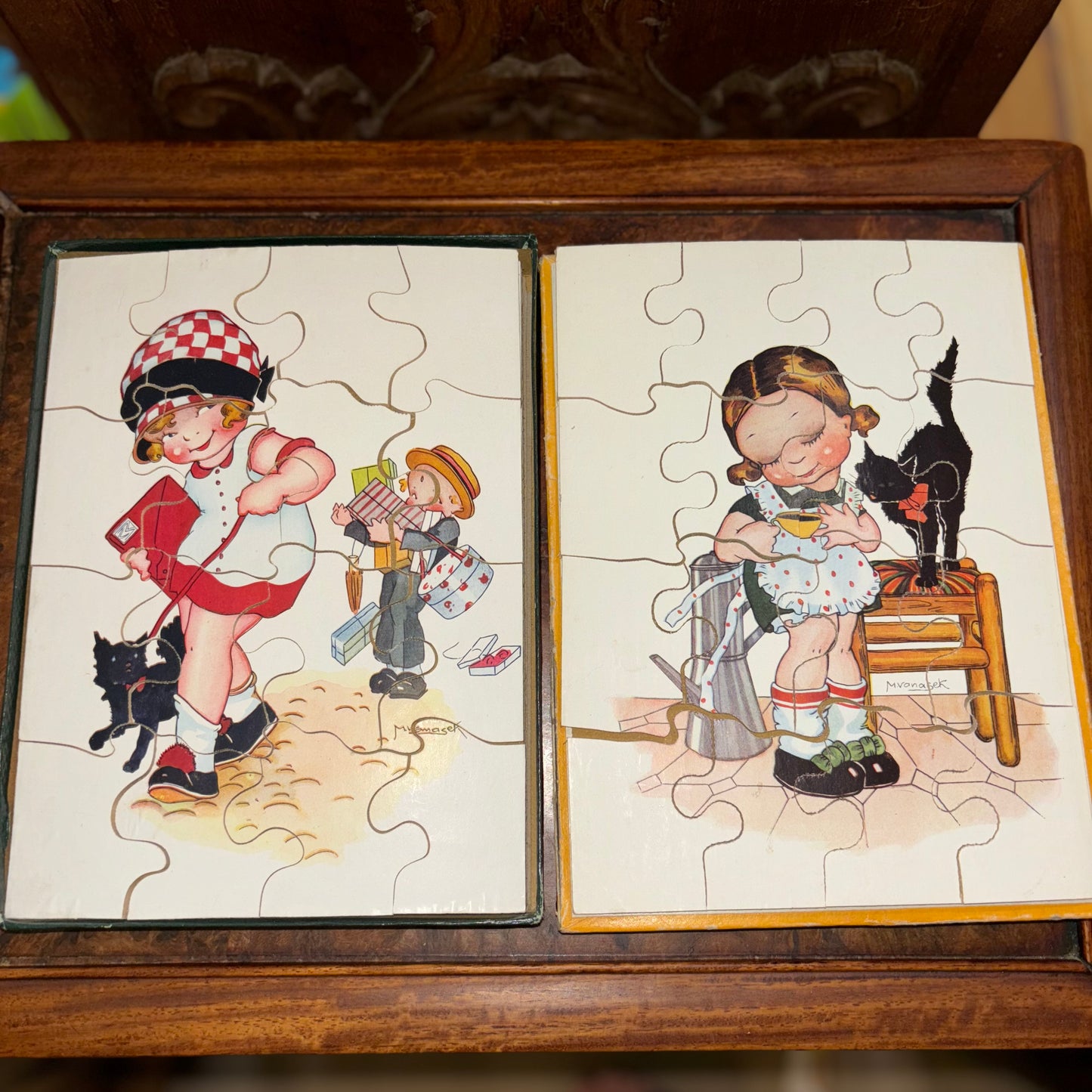 1920s Vintage Collection of 6 French Children's Print Puzzles - Signed by Artist M. Vanasek