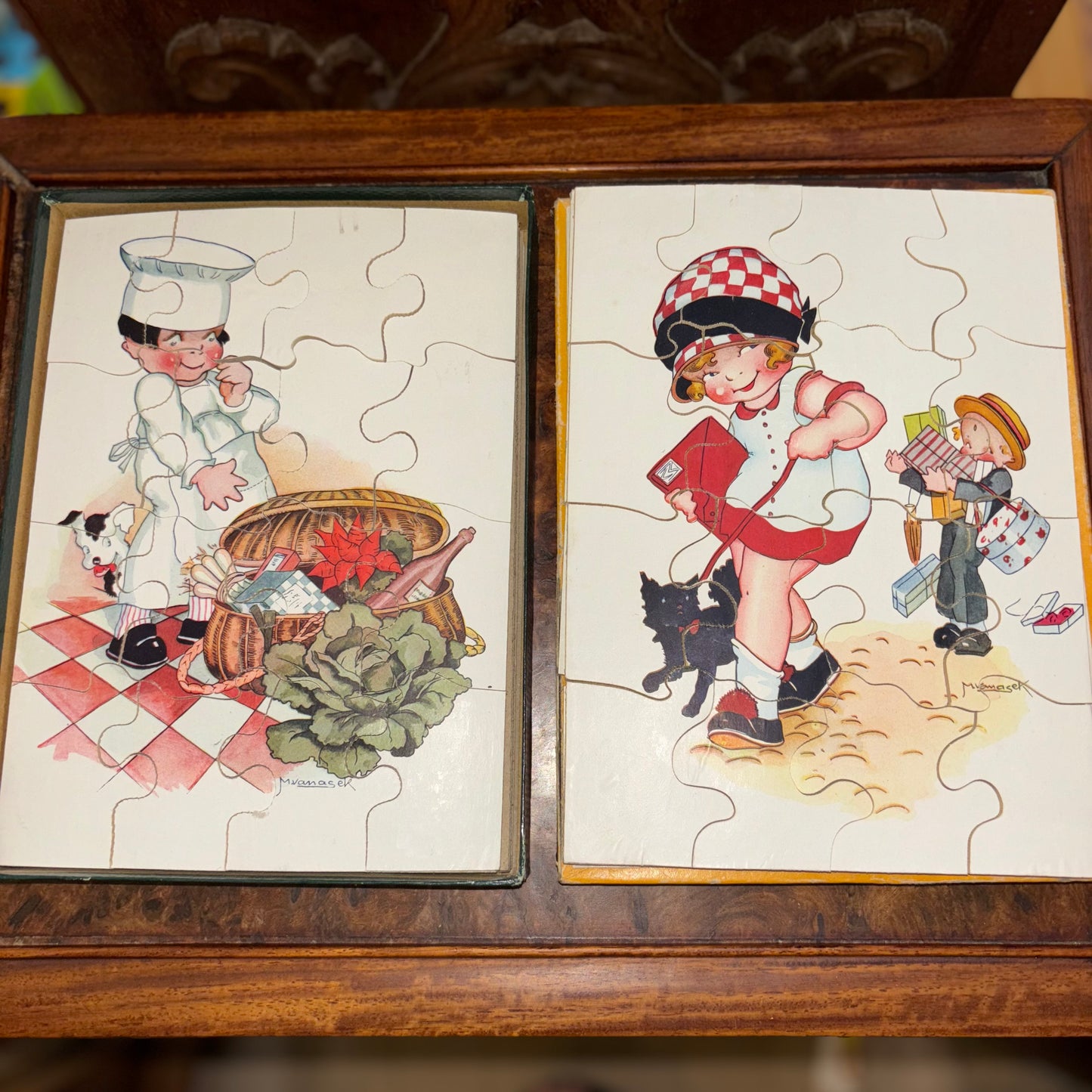 1920s Vintage Collection of 6 French Children's Print Puzzles - Signed by Artist M. Vanasek