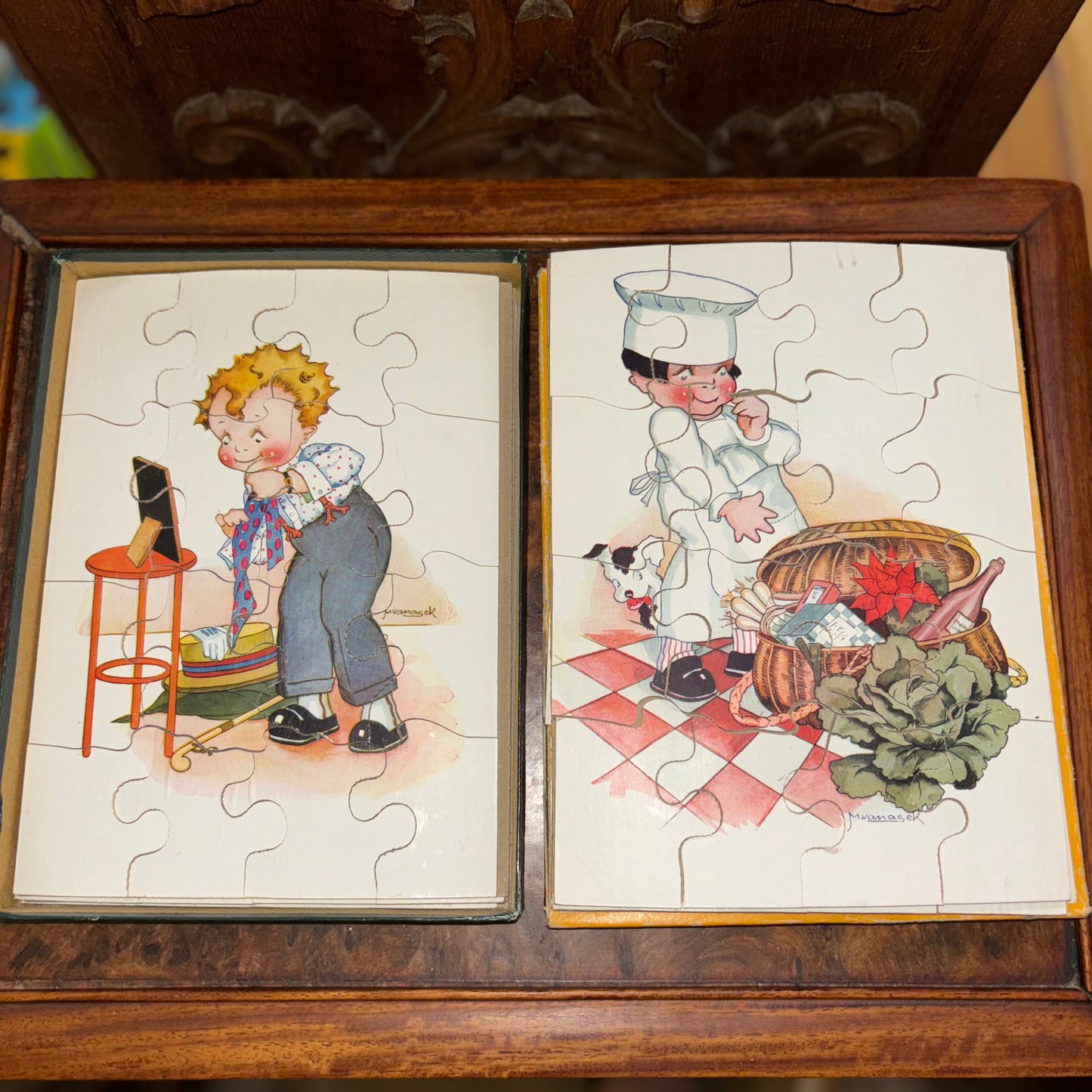 1920s Vintage Collection of 6 French Children's Print Puzzles - Signed by Artist M. Vanasek