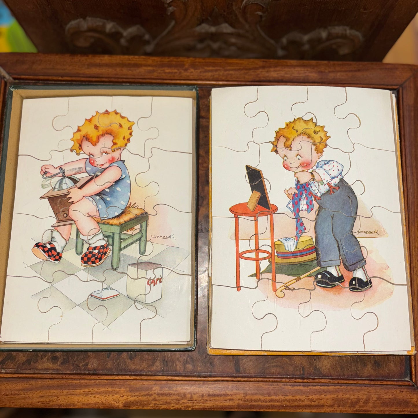 1920s Vintage Collection of 6 French Children's Print Puzzles - Signed by Artist M. Vanasek