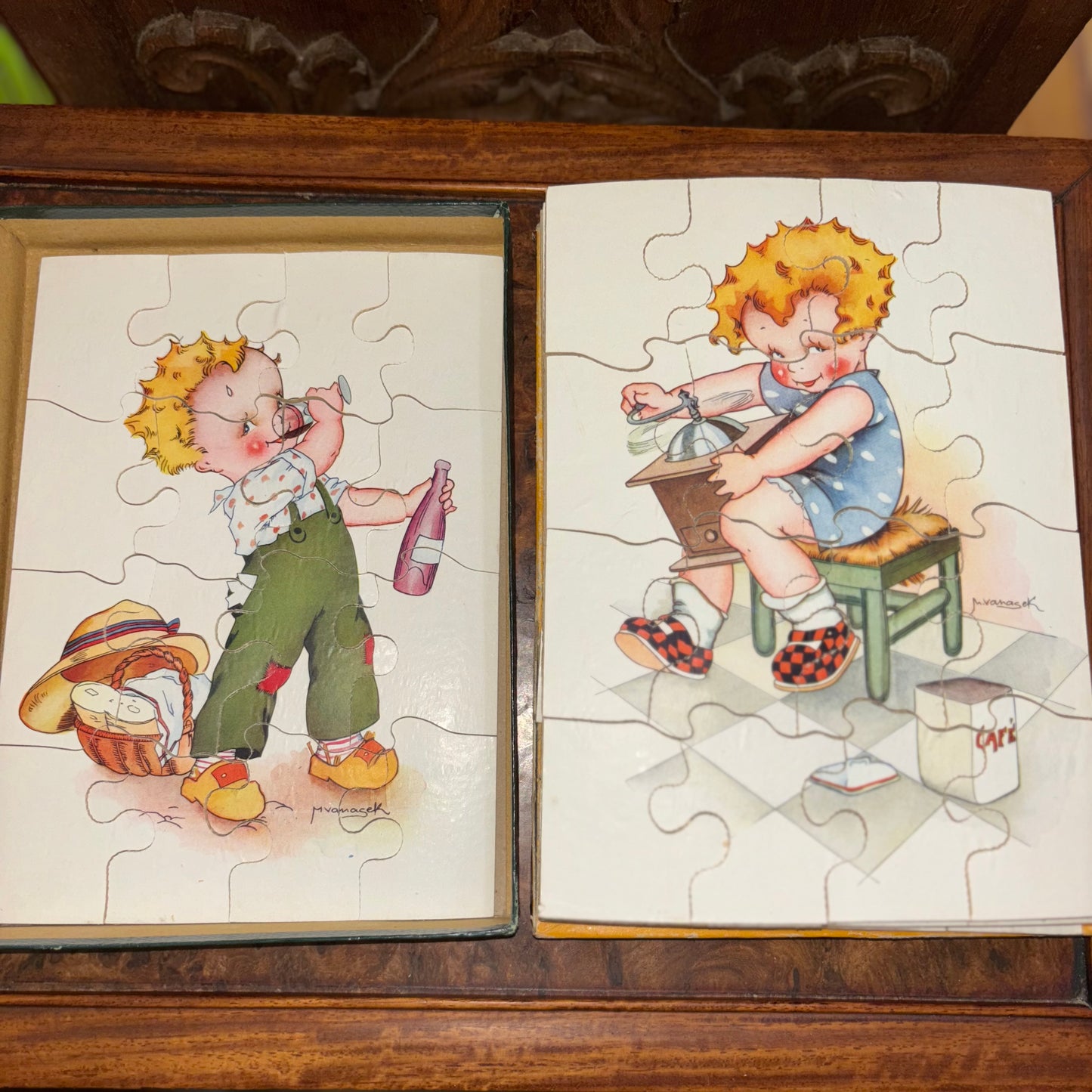 1920s Vintage Collection of 6 French Children's Print Puzzles - Signed by Artist M. Vanasek