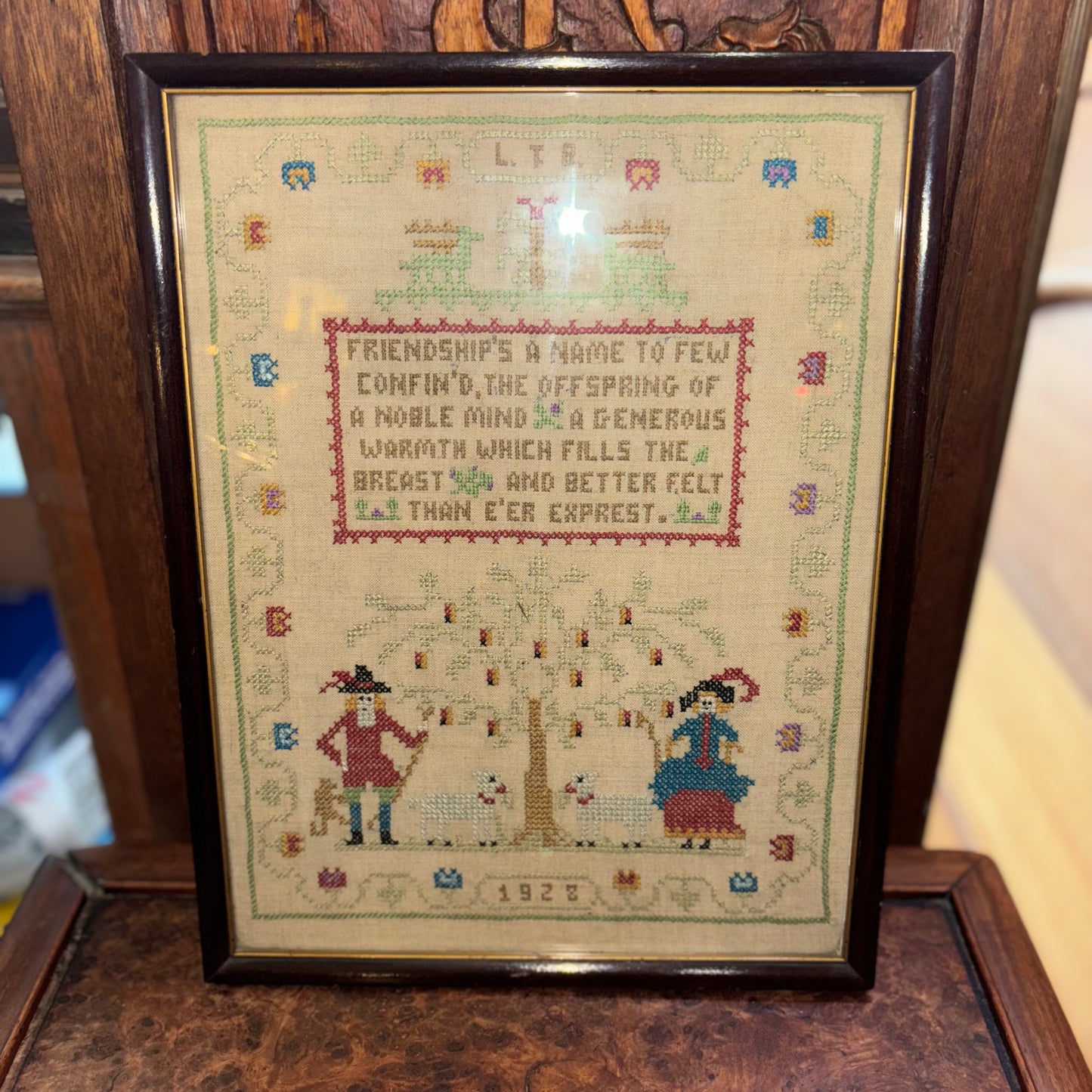 Sampler, Hand Stitched & Signed Needlework on Linen, Dated 1928