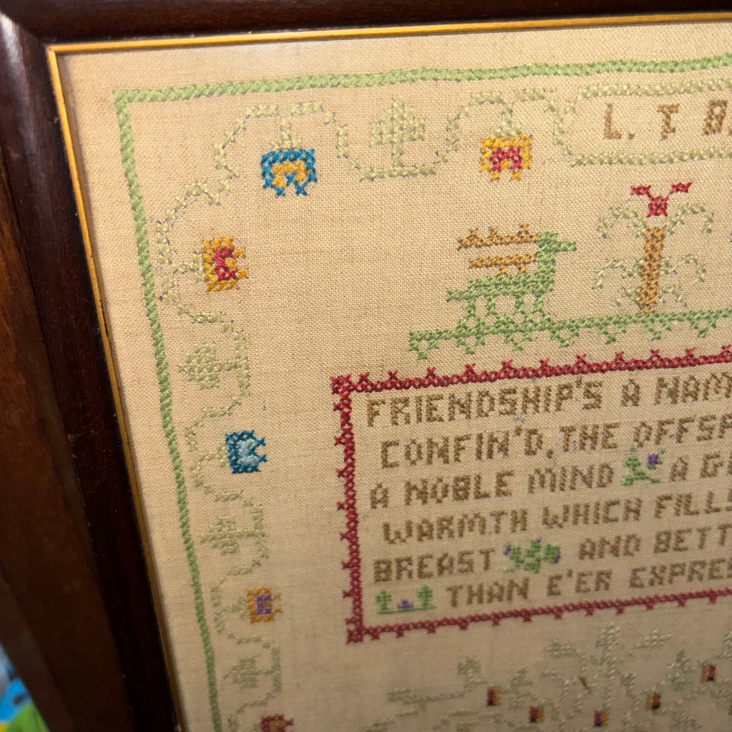 Sampler, Hand Stitched & Signed Needlework on Linen, Dated 1928