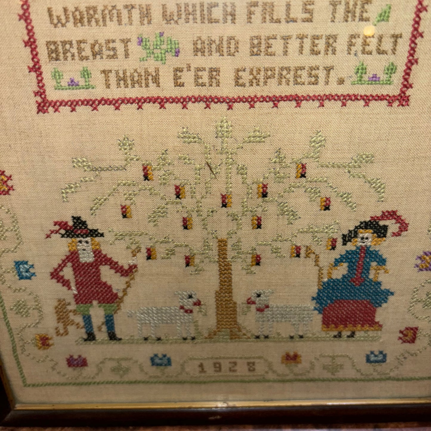 Sampler, Hand Stitched & Signed Needlework on Linen, Dated 1928