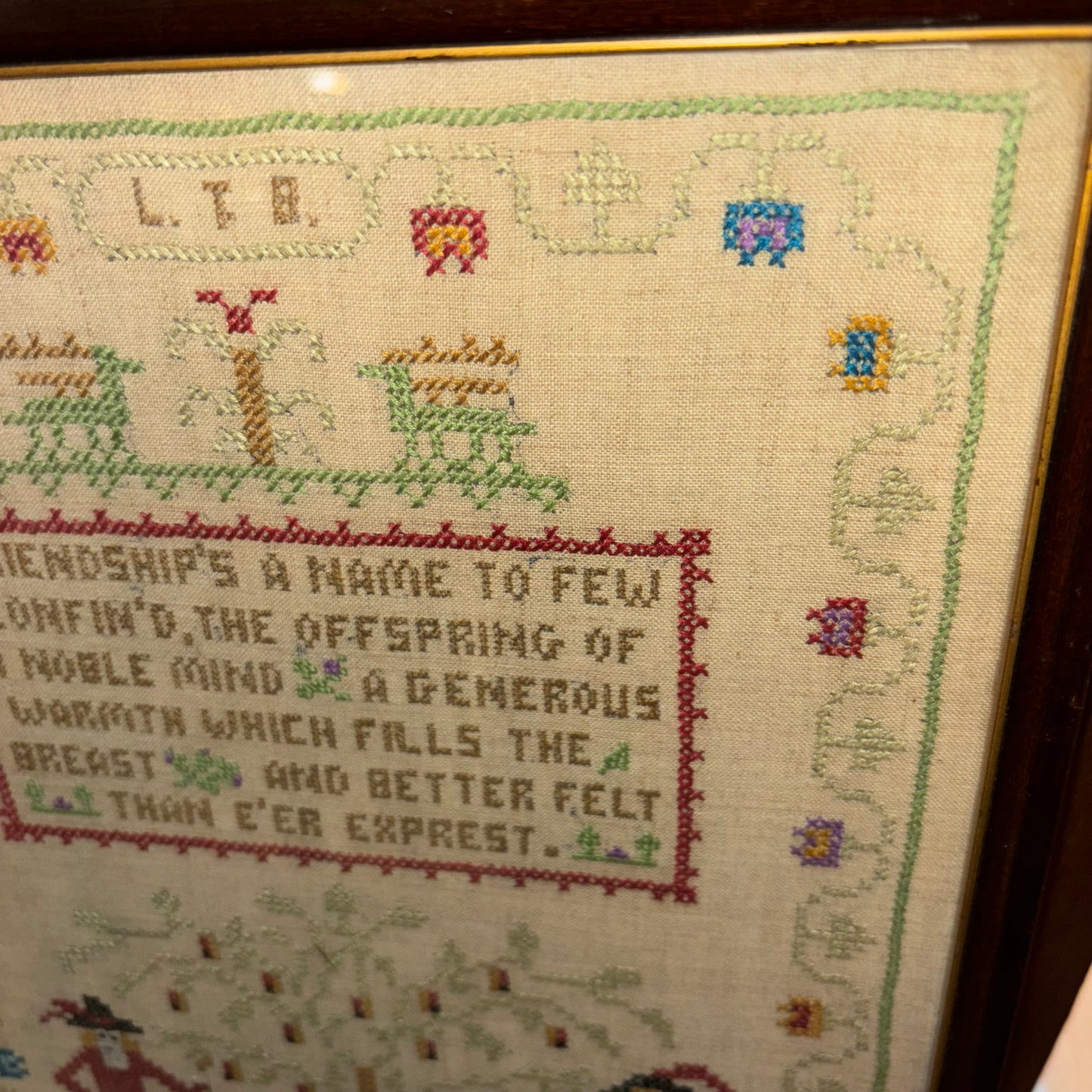 Sampler, Hand Stitched & Signed Needlework on Linen, Dated 1928